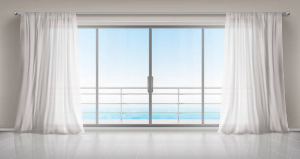 Empty room with glass door to balcony and curtains Glass windows with white silk curtains and overlooking to sea. Vector realistic interior of empty room in home or hotel with glass doors to balcony, terrace with railings bedroom borders stock illustrations