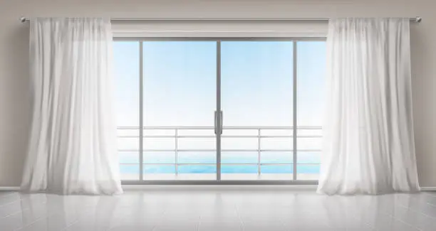 Vector illustration of Empty room with glass door to balcony and curtains