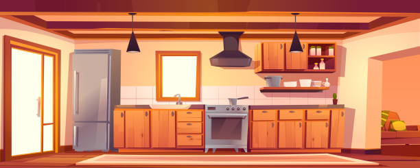 Rustic Kitchen Empty Interior With Wood Furniture Stock Illustration -  Download Image Now - Kitchen, Cooking, Appliance - iStock