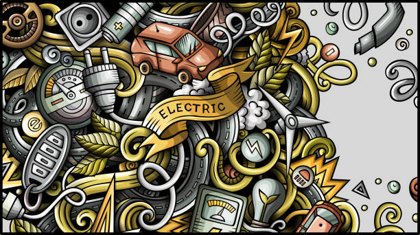 elektroautos handgezeichnete doodle-banner. cartoon detaillierte flyer. - art electric plug cartoon drawing stock-grafiken, -clipart, -cartoons und -symbole