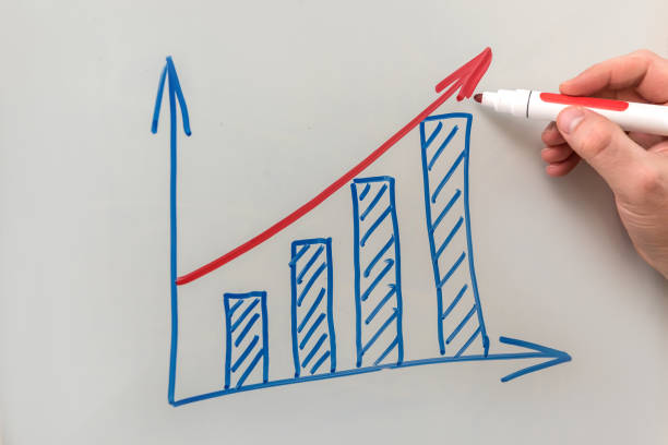 istock business chart drawing as plan flip board in office. business growth graph draw on white board 1215916173