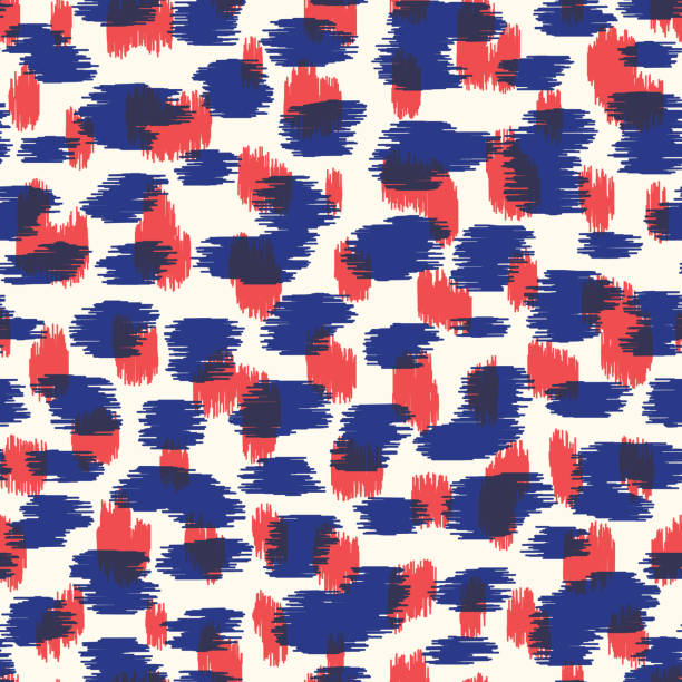 Overlay Red and Blue Abstract Hand-Drawn Ikat Spots Animal Skin Vector Seamless Pattern. Organic Fragments Texture Overlay Red and Blue Abstract Hand-Drawn Ikat Texture Spots Animal Skin Vector Seamless Pattern. Organic Fragments. Camo marks. Geo Monochrome Texture. Trendy Abstract Print for Fashion, Home Decor red camouflage pattern stock illustrations