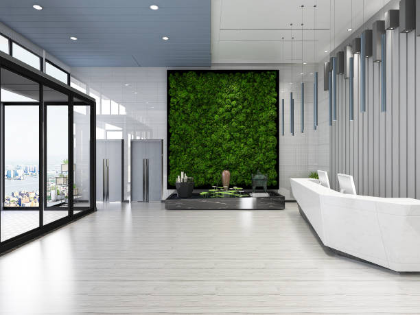 istock 3D rendering, modern design lobby reception room with front desk, table, chairs, sink, chest of drawers, etc. 1215916489