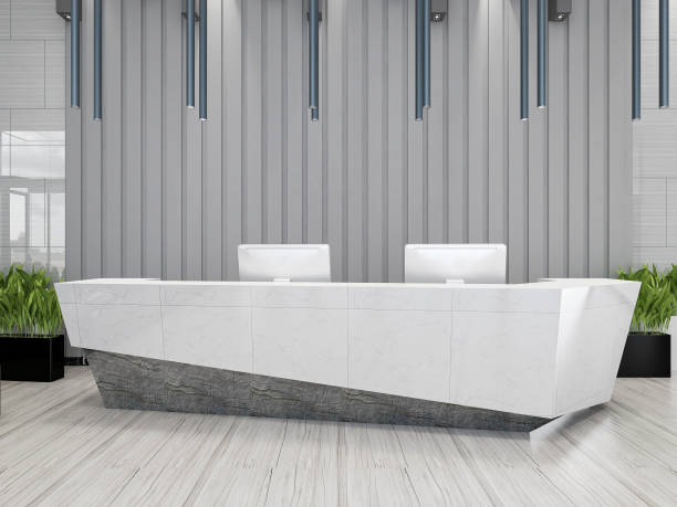 istock 3D rendering, modern design lobby reception room with front desk, table, chairs, sink, chest of drawers, etc. 1215916513