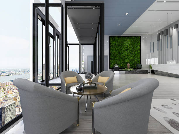 istock 3D rendering, modern design lobby reception room with front desk, table, chairs, sink, chest of drawers, etc. 1215916566