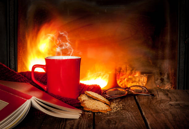 Hot tea or coffee in a red mug, cookies, book and fireplace