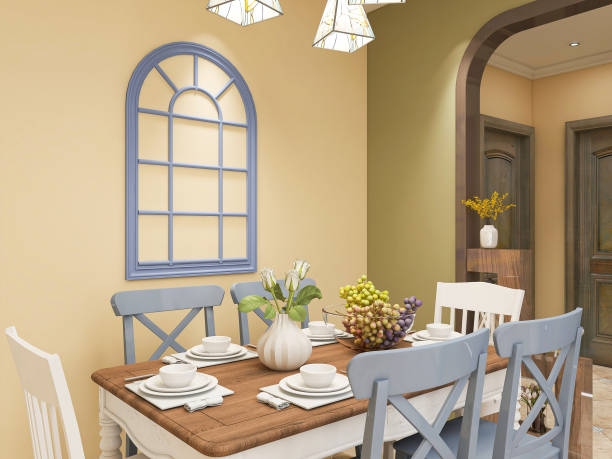 istock 3D rendering, warm dining room area design, wooden table and chair 1215917965