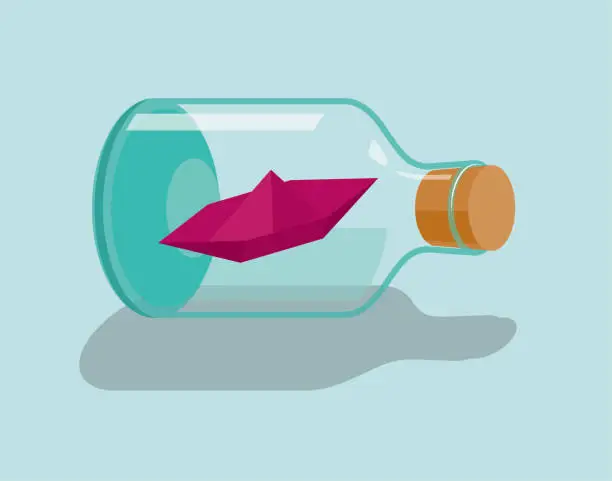 Vector illustration of Red paper boat in glass bottle.