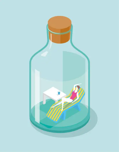 Vector illustration of The girl in a bikini is in a glass bottle, she is lying on a chair and resting, beside a coffee table.