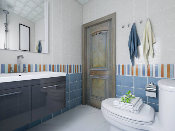 istock 3D rendering,Clean modern residential bathroom and toilet design, which is equipped with washstand, toilet and shower equipment, etc. 1215919425
