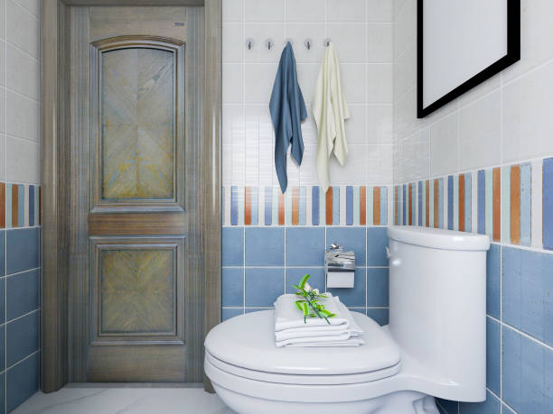 istock 3D rendering,Clean modern residential bathroom and toilet design, which is equipped with washstand, toilet and shower equipment, etc. 1215919439