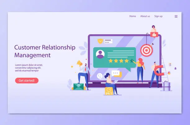 Vector illustration of People using CRM service. Clients feedback. Concept of customer relationship management, e-mail marketing, pr, customer attraction. Vector illustration in flat design for UI, web banner, mobile app