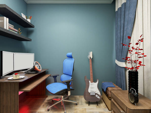 istock 3D rendering, modern design bedroom with computer, electric guitar, bed, bookcase beside 1215923191