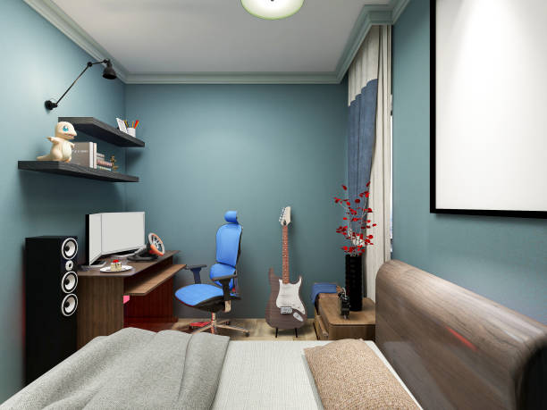 istock 3D rendering, modern design bedroom with computer, electric guitar, bed, bookcase beside 1215923238