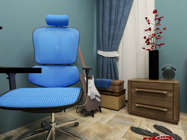 istock 3D rendering, modern design bedroom with computer, electric guitar, bed, bookcase beside 1215923630