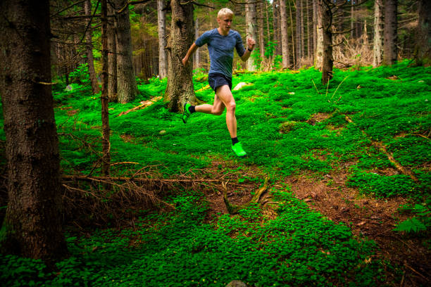 istock Athletic man running on trail through green forest 1215924907