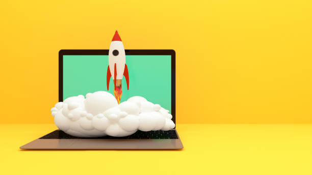 Rocket Flying to Successful background . Business concept illustration.Rocket flying over cloud. Startup concept with rocket flying out of laptop screen on colour background. ilustración de concepto de negocio. cohete volando sobre la nube. inicie business para apuntar a target.3d rendring. startup flat 3d tecnología de estilo isométrico businessteam trabajando en el lanzamiento de la nave espacial start up y gran palabra.