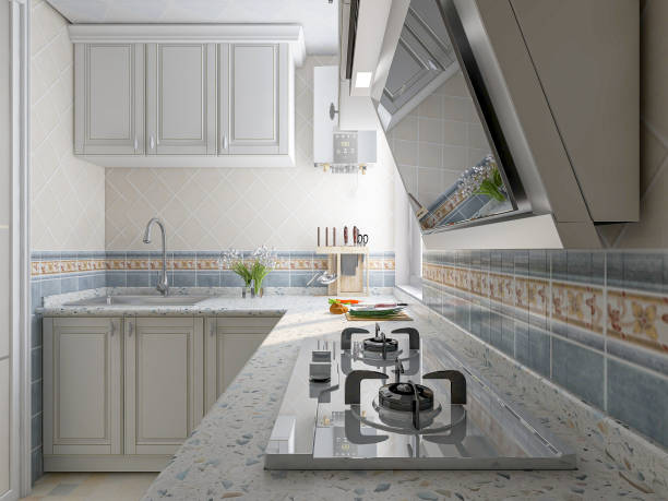 istock 3D rendering,Modern family kitchen design, new cabinets and kitchenware with refrigerators, sunlight from the window. 1215925460