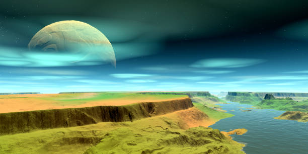istock Alien Planet. Mountain and lake. 3D rendering 1215925667