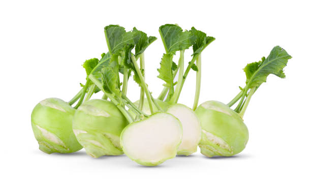 kohlrabi fresco con foglie verdi su retrosconda bianco isolato. piena profondità di campo - kohlrabi turnip kohlrabies cabbage foto e immagini stock