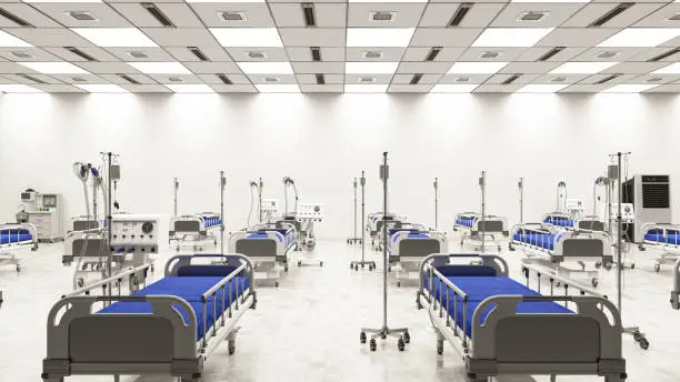 Temporary Hospital Ward with Empty Beds in Large Warehouse. 3d Render