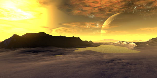 Fantasy alien planet. Mountain and lake. 3D rendering