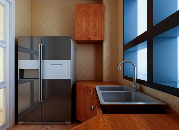 istock 3D rendering, American-style kitchen design, brand new cabinets and kitchenware with refrigerator, sunlight comes in through the window. 1215928074