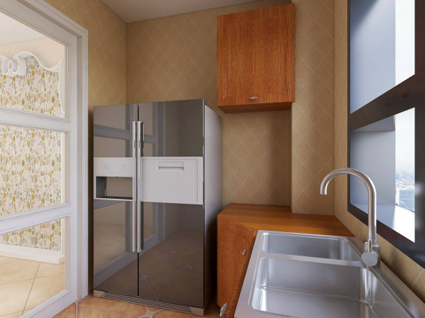 istock 3D rendering, American-style kitchen design, brand new cabinets and kitchenware with refrigerator, sunlight comes in through the window. 1215928084