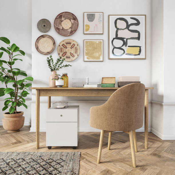 bohemian home office interior - 3d render - mesa mobília ilustrações imagens e fotografias de stock
