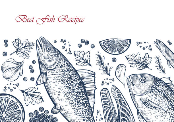 ryba owoce morza tle. szablon wektorowy z ręcznie rysowanymi ilustracjami. - fillet stock illustrations