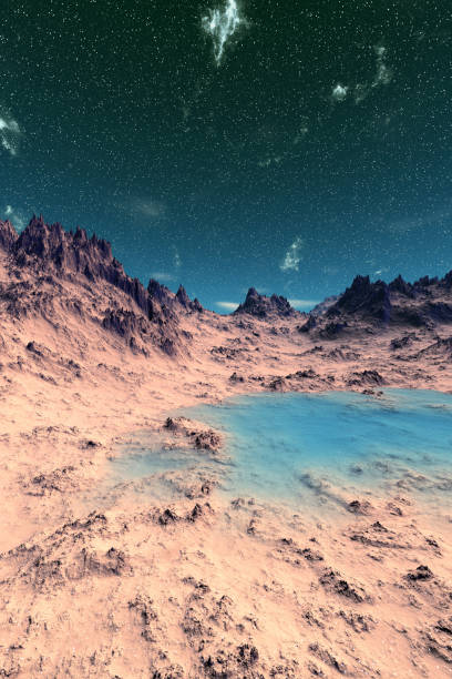 istock Alien Planet. Mountain and lake. 3D rendering 1215929163