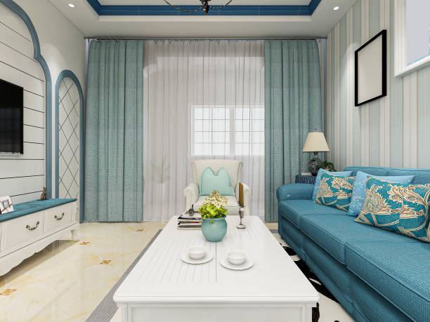 istock 3D rendering, blue Mediterranean-style living room with sofa, TV, coffee table 1215931168