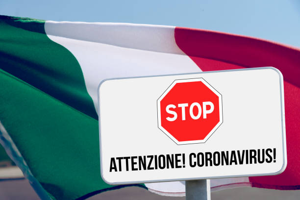 flag of italy and warning of coronavirus - travel healthcare and medicine emergency services urgency imagens e fotografias de stock