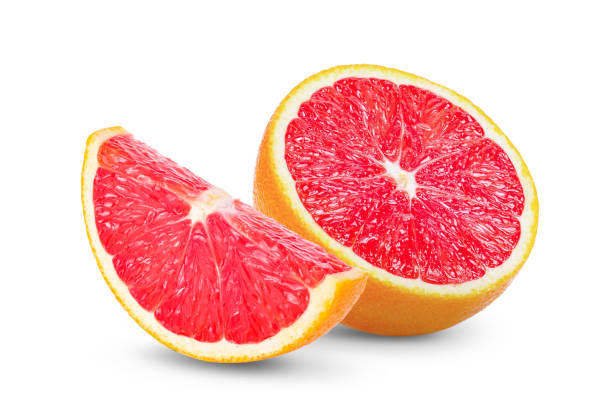 istock Ripe slice of pink grapefruit citrus fruit isolated on white background. 1215933630