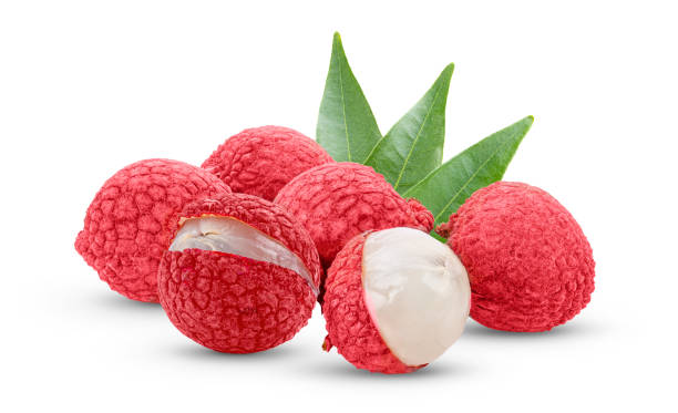 istock Lychee with leaves isolated on white background 1215934220