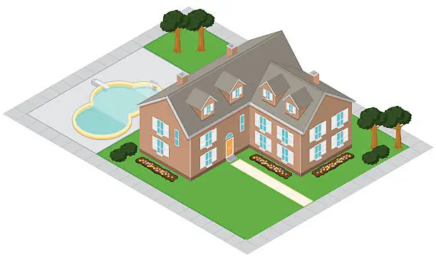 Vector illustration of Isometric Mansion With Grounds and Pool.