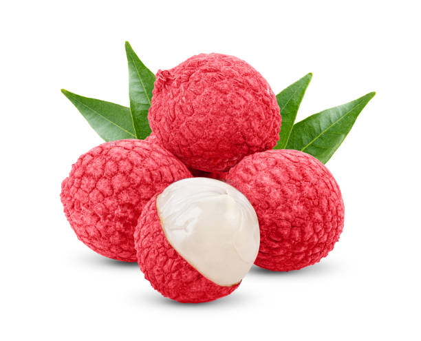 istock Lychee with leaves isolated on white background. Tropical fruit 1215936900