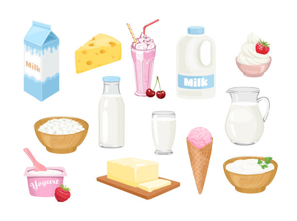 Dairy products set. Milk in bottle, jug, glass, box and gallon, cheese, milk shake, whipped cream, cottage cheese, yogurt, butter, ice cream and sour cream isolated. Vector cartoon flat illustration. Dairy products set. Milk in bottle, jug, glass, box and gallon, cheese, milk shake, whipped cream, cottage cheese, yogurt, butter, ice cream and sour cream isolated. Vector cartoon flat illustration. cottage cheese stock illustrations