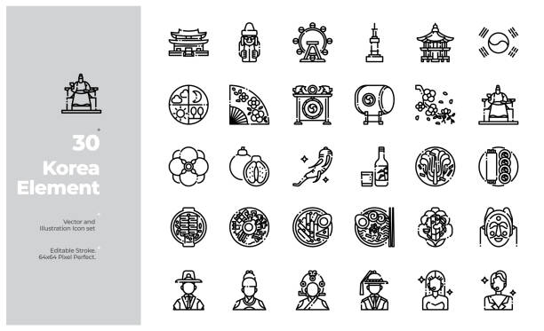 Vector Line Icons Set of Korean Element and Traditional. Editable Stroke. Vector Icon and Illustration Design. All Icon design based on 64x64 Editable Stroke. Design for Website, Mobile App and Printable Material. Easy to Edit & Customize. korean icon stock illustrations