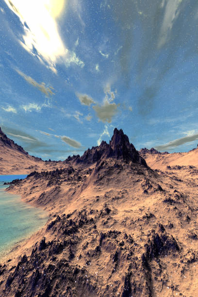 istock Alien Planet. Mountain and lake. 3D rendering 1215940288