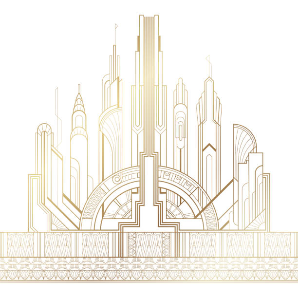 Stylized gold luxury art deco illustration of the city on white background