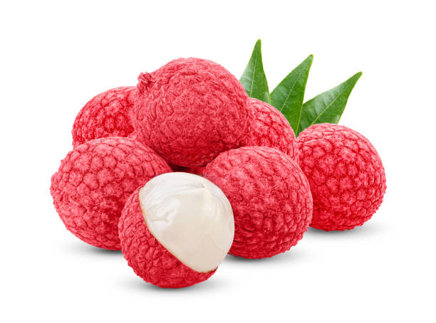 istock Lychee with leaves isolated on white background 1215941354