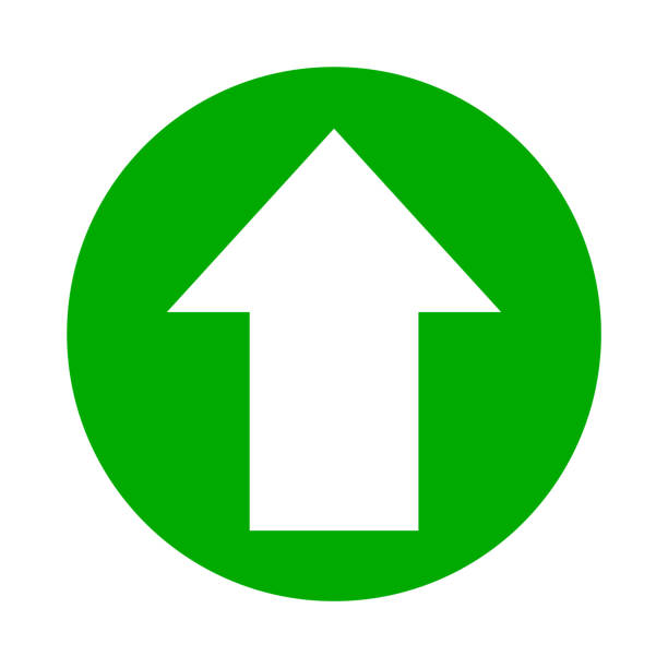 白で分離されたアイコンフラットのための円緑の白を指す矢印、ボタンインターフェイスアプリのための上矢印付きの円、次の矢印の記号またはダウンロードのアップロードコンセプト、方� - upward mobility illustrations点のイラスト素材／クリップアート素材／マンガ素材／アイコン素材