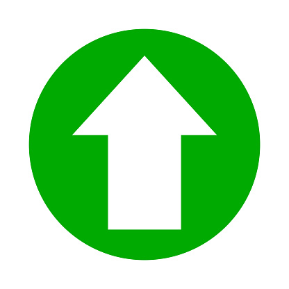 arrow pointing up white in circle green for icon flat isolated on white, circle with up arrow for button interface app, arrow sign of next or download upload concept, arrow simple symbol for direction