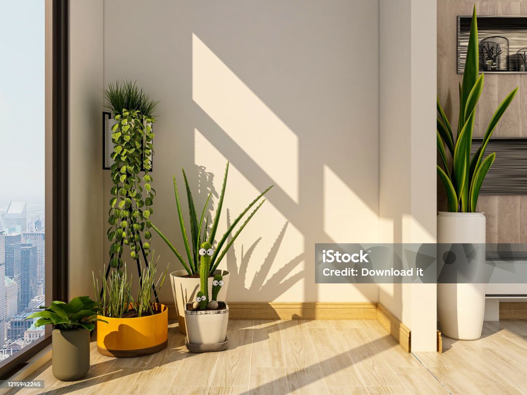 3D rendering, spacious and bright urban residential enclosed balcony design, green plants and white cabinets look casual and comfortable Corner Stock Photo