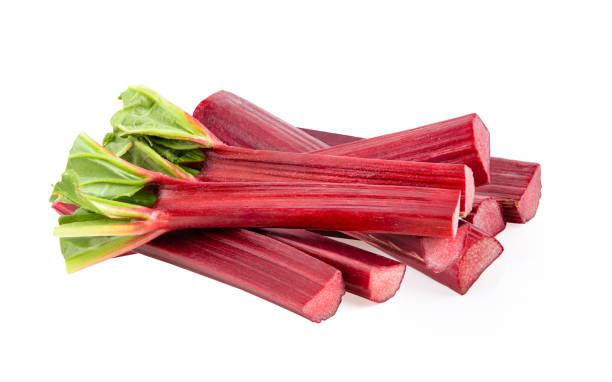 istock Rhubarb stalks on a white background 1215942280