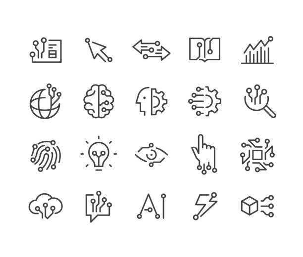 ilustraciones, imágenes clip art, dibujos animados e iconos de stock de iconos de ia y tecnología - serie de líneas clásicas - symbol expertise brain power
