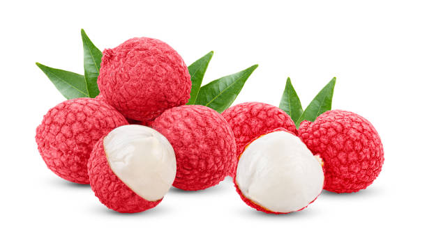 istock Lychee with leaves isolated on white background 1215942570