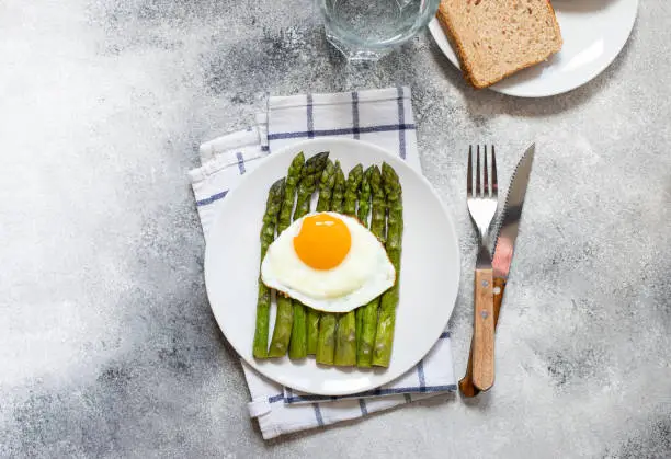 Organic healthy Asparagus and fried egg served on a white plate. Healthy vegetarian breakfast. Grey background. Copy space. Flat lay