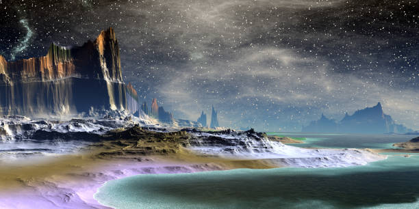 istock Alien Planet. Mountain and lake. 3D rendering 1215943973